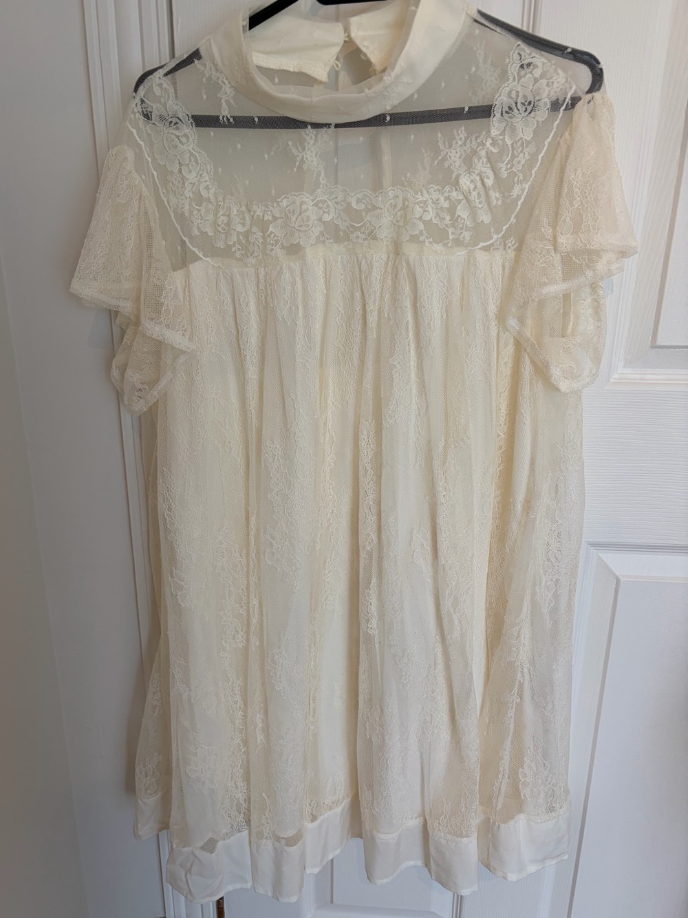 Sheer Lace Mini Dress in Ivory — Romantic High Neck Style